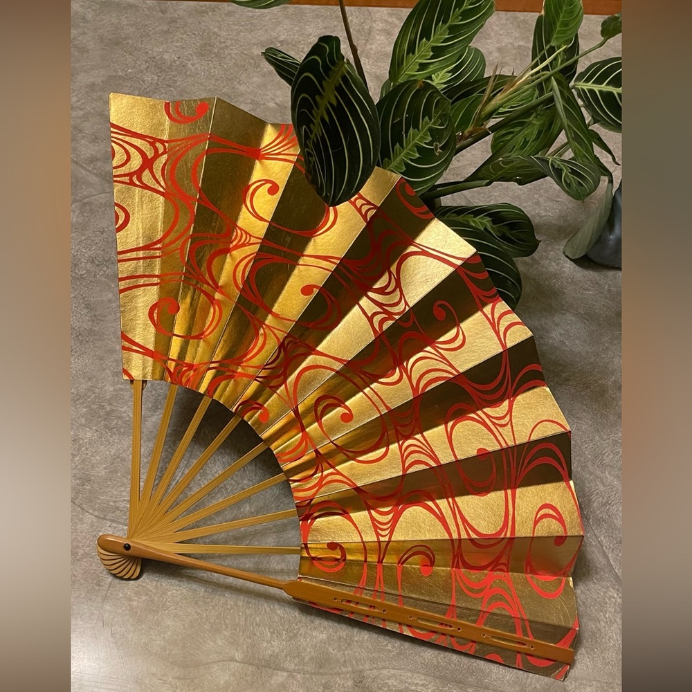 Vintage Japanese Odori SENSU Folding Fan orange swirl gold foil art deco